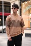 Erkek Bisiklet Yaka Baskılı Sweatshirt CAMEL