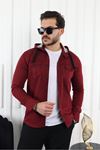 Erkek Slim Fit Dar Kalıp Kapüşonlu Kot Gömlek BORDO