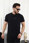 Kendinden Desenli Baskılı T-Shirt SİYAH