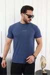 Kendinden Desenli Baskılı T-Shirt LACİVERT